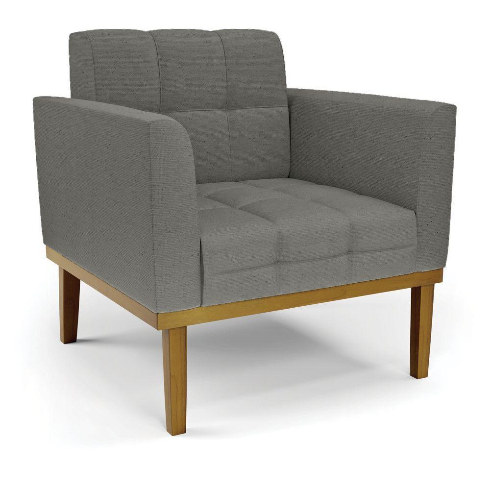 Poltrona Decorativa Pés Fixo Em Madeira Castanho Linho Cinza Mesclado - 7
