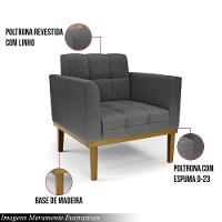 Poltrona Decorativa Pés Fixo Em Madeira Castanho Linho Cinza Mesclado - 6