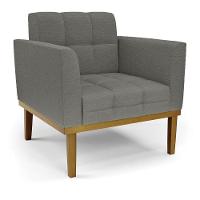 Poltrona Decorativa Pés Fixo Em Madeira Castanho Linho Cinza Mesclado - 7