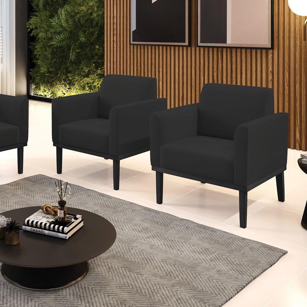 Kit 2 Poltronas Decorativas Pés Fixo Em Madeira Preto Veludo Preto - 1