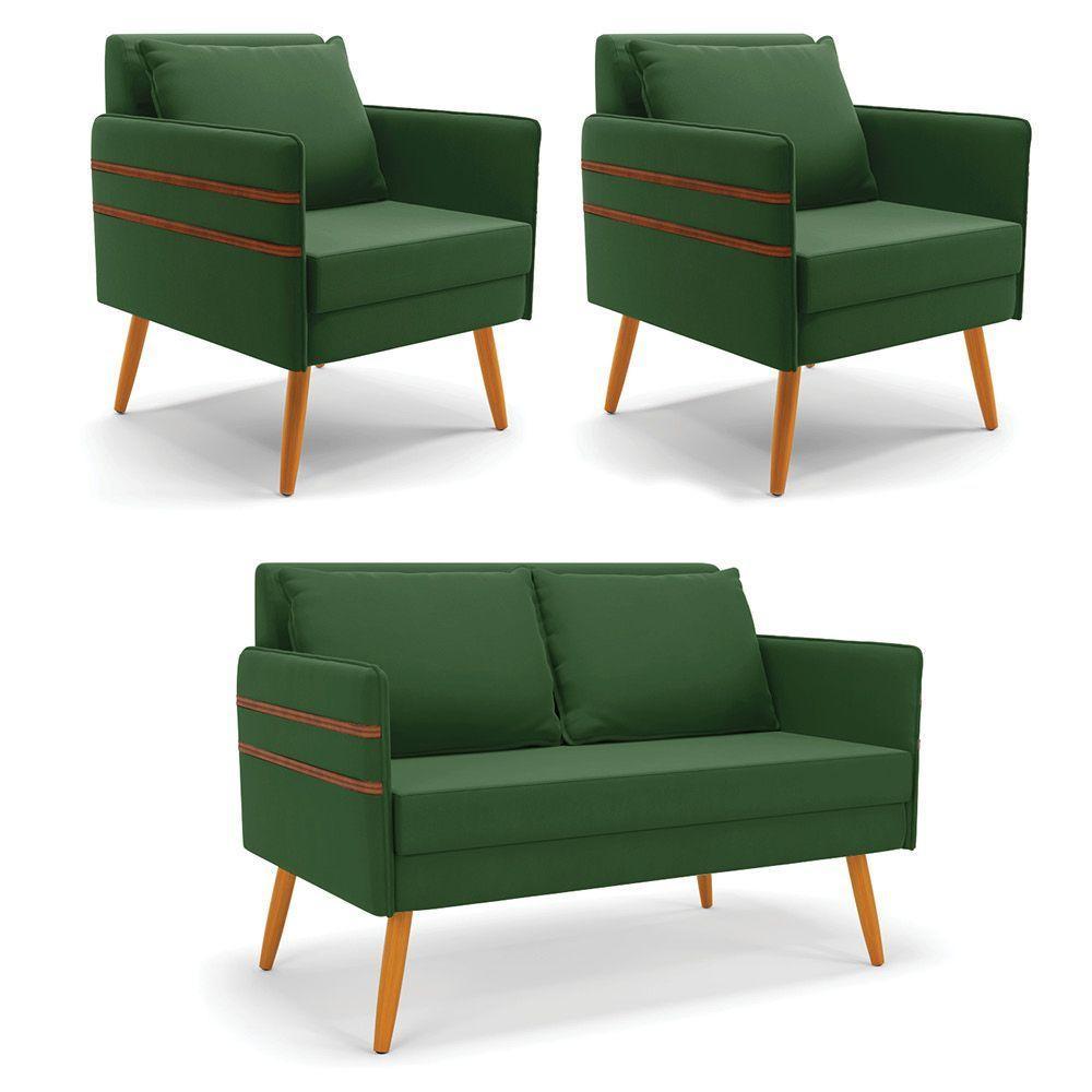 Kit 01 Namoradeira E 02 Poltronas Suede Castanho Verde - 1