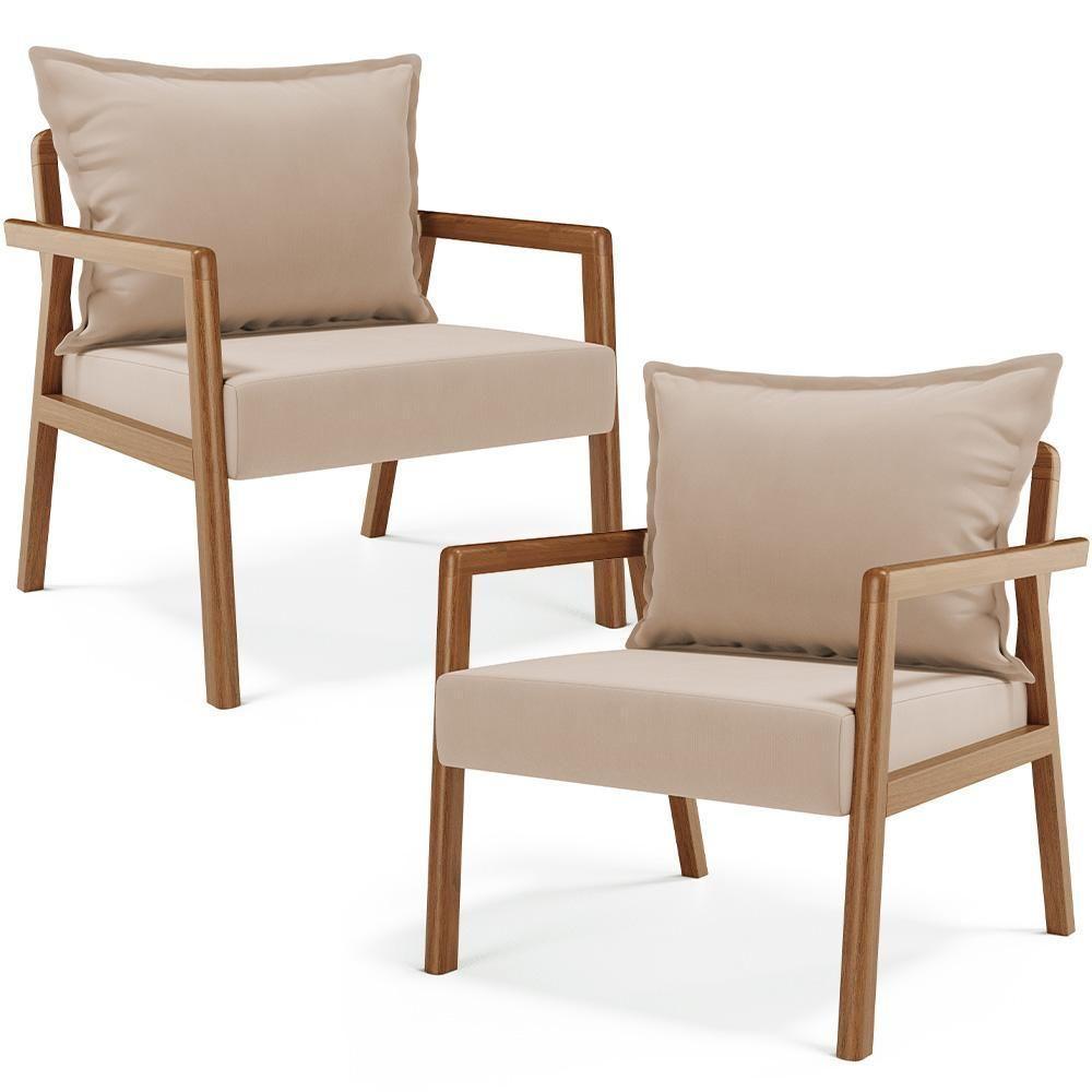 Kit 02 Poltronas Decorativa Para Sala De Estar Alícia B04 Suede Bege - 1