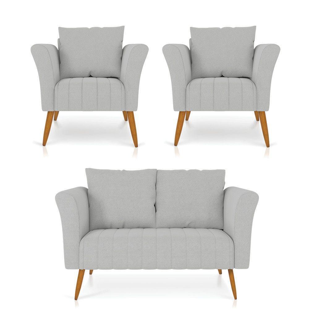 Kit 01 Namoradeira 02 Lugares E 02 Poltronas Marilia Linho Cinza Claro A05 Pés Palito Castanho - D'rossi - 1