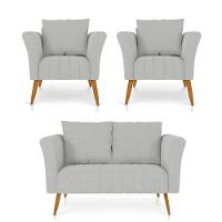 Kit 01 Namoradeira 02 Lugares E 02 Poltronas Marilia Linho Cinza Claro A05 Pés Palito Castanho - D'rossi - 1