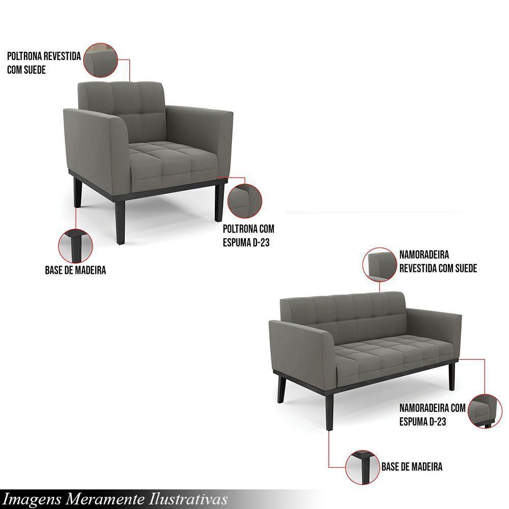 Conjunto Poltrona E Namoradeira Decorativa Pés Fixo Em Madeira Preto Suede Grafite - 6