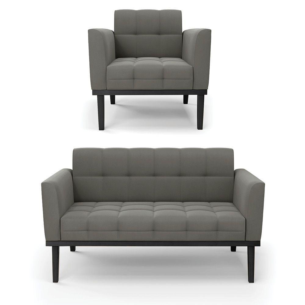 Conjunto Poltrona E Namoradeira Decorativa Pés Fixo Em Madeira Preto Suede Grafite - 7