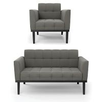 Conjunto Poltrona E Namoradeira Decorativa Pés Fixo Em Madeira Preto Suede Grafite - 7