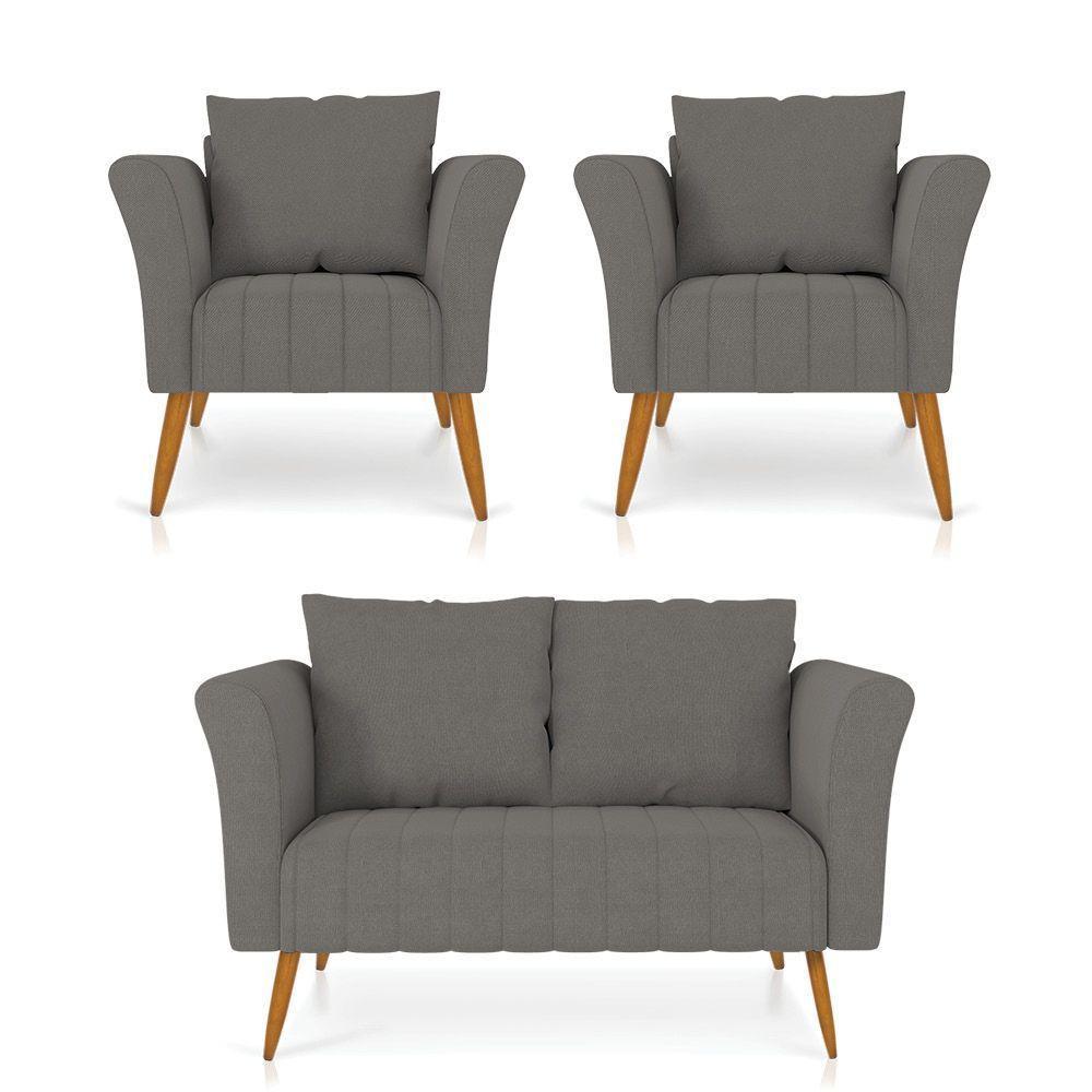 Kit 01 Namoradeira 02 Lugares E 02 Poltronas Marilia Linho Grafite A26 Pés Palito Castanho - D'rossi - 1