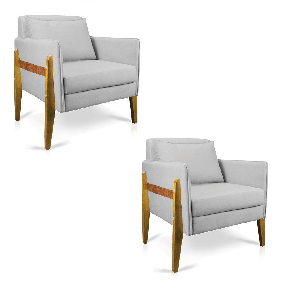 Kit 02 Poltronas Lana Suede Base De Madeira - D'Rossi Cinza - 1