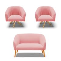 Kit 1 Namoradeira E 2 Poltronas Giratória Rosê Base Madeira - 1