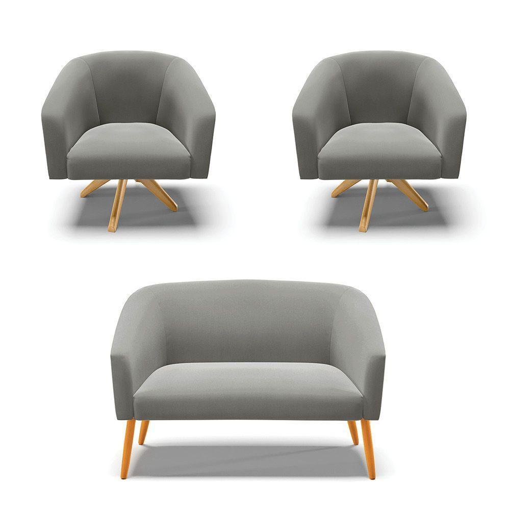 Kit 1 Namoradeira E 2 Poltronas Base Madeira Grafite - 1