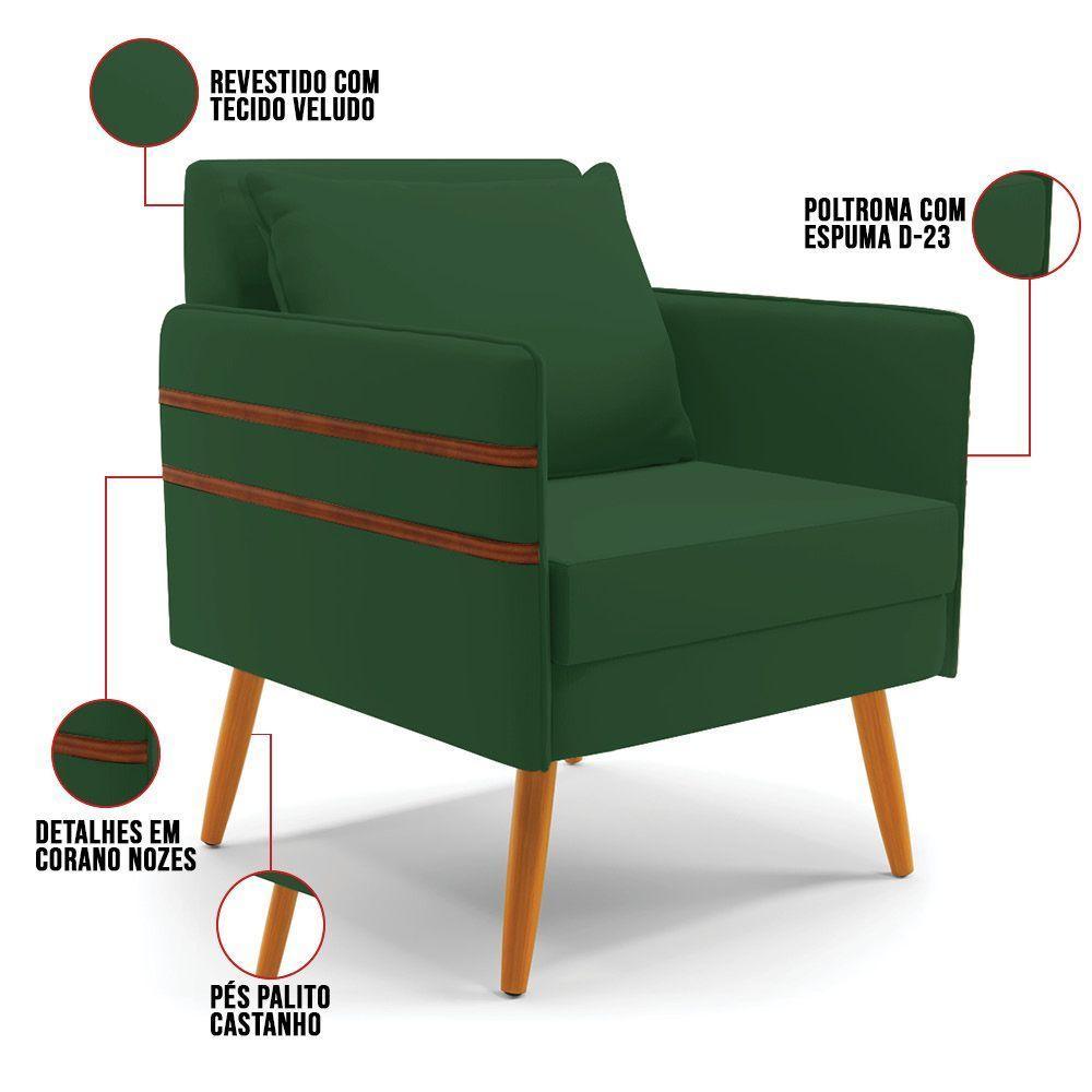 Kit 01 Namoradeira 02 Lugares E 02 Poltronas Mari Veludo Verde Pés Palito Castanho - D'rossi - 4
