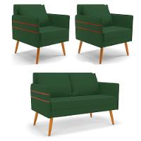 Kit 01 Namoradeira 02 Lugares E 02 Poltronas Mari Veludo Verde Pés Palito Castanho - D'rossi - 1