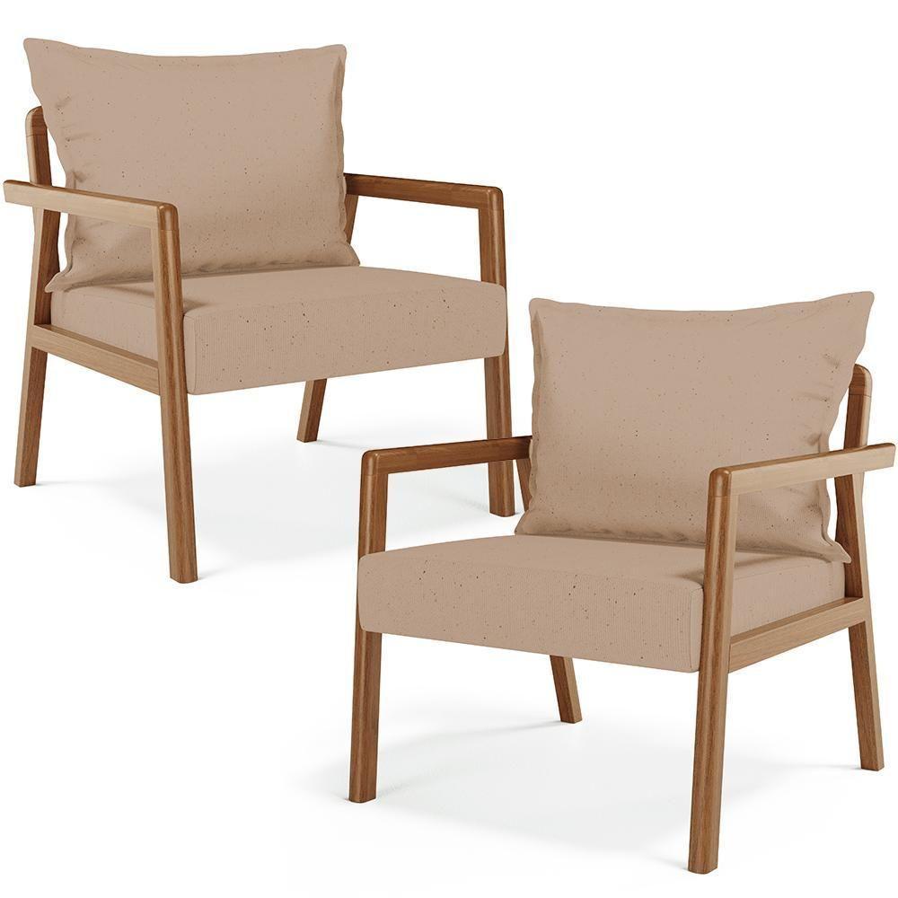 Kit 02 Poltronas Decorativa Para Sala De Estar Alícia B04 Linho Bege Escuro - 1