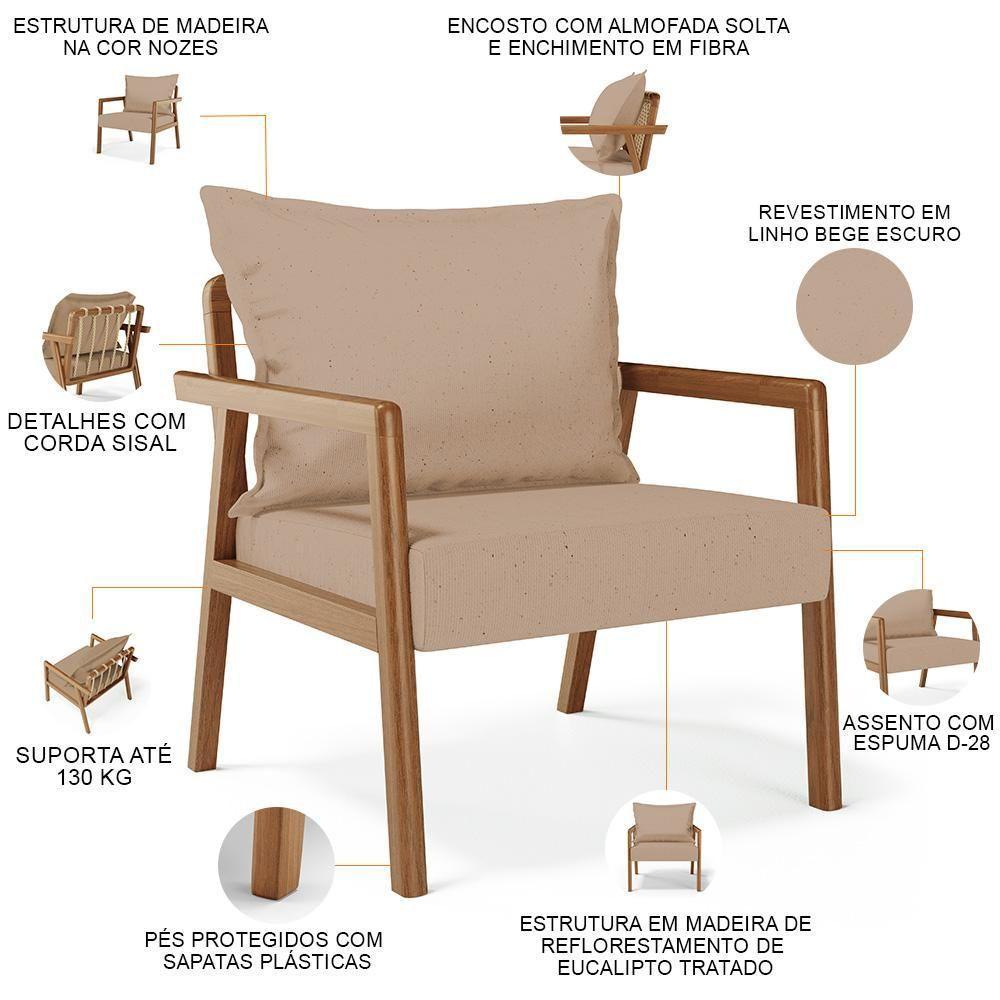 Kit 02 Poltronas Decorativa Para Sala De Estar Alícia B04 Linho Bege Escuro - 6