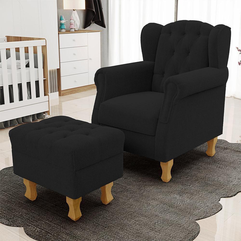 Poltrona De Amamentação Yara P02 Com Puff Paris Luis Xv L02 Bouclê Preto - Lyam Decor - 8
