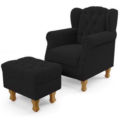 Poltrona De Amamentação Yara P02 Com Puff Paris Bouclé Preto Lyam Decor