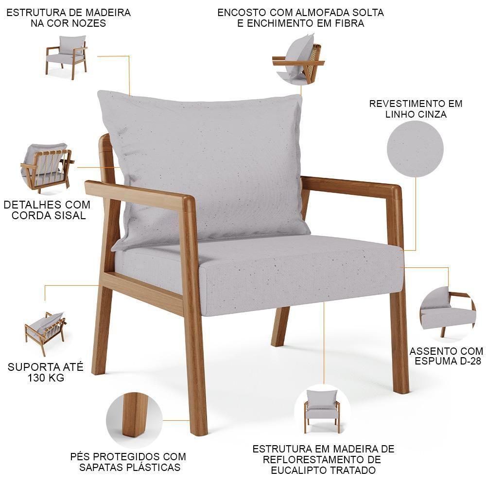 Kit 02 Poltronas Decorativa Para Sala De Estar Alícia B04 Linho Cinza - 9