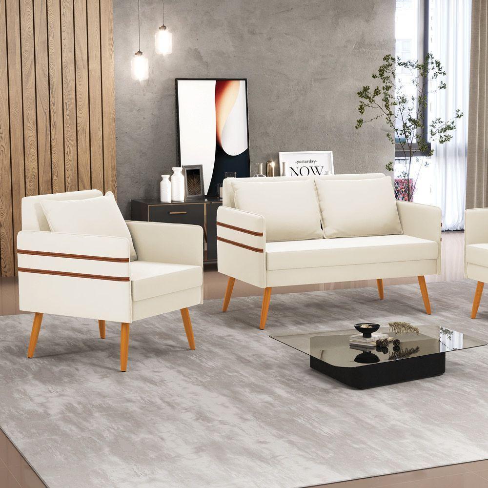 Kit 01 Namoradeira 02 Lugares E 01 Poltrona Bege Castanho - 8