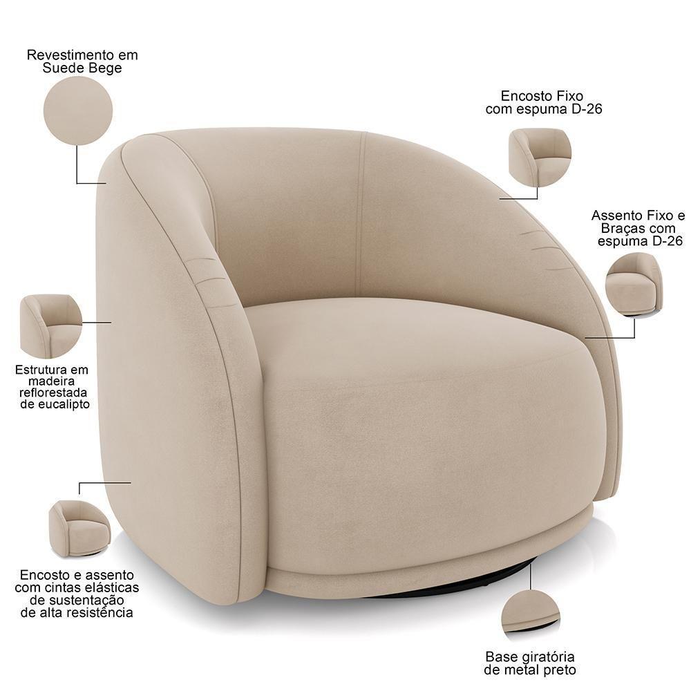 Kit 02 Poltronas Decorativa Giratória Angelina M03 Veludo Bege - 7