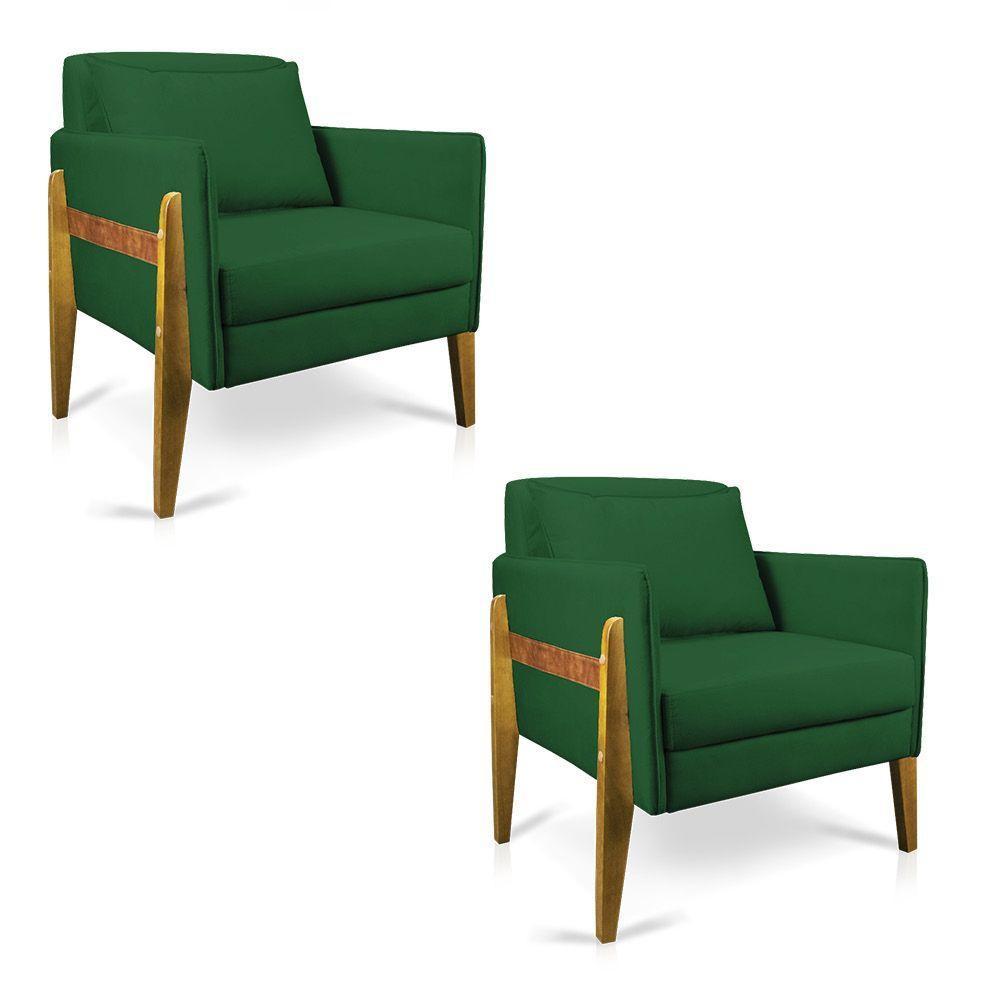 Kit 02 Poltronas Lana Suede Base De Madeira - D'Rossi Verde - 1