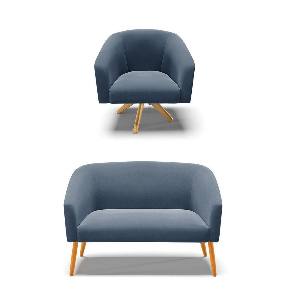 Kit 1 Namoradeira E 1 Poltrona Base Madeira Azul Marinho - 1