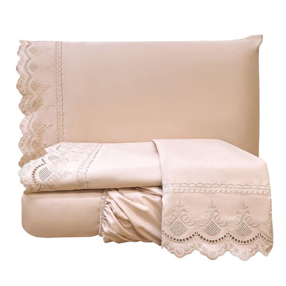 Jogo Cama Lençol Loren Queen Bordado Inglês Micro Percal 300 Fios 4 Peças - Rosê - 1