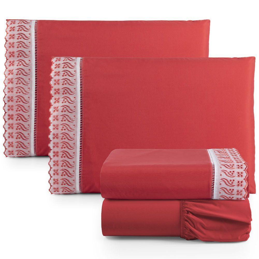 Jogo Cama Lençol Paris Casal Padrão Percal 180 Fios 100% Algodão Lese Bordada 4 Peças - Vermelho - 1