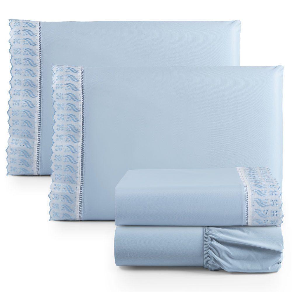 Jogo Cama Lençol Paris Queen Percal 180 Fios 100% Algodão Lese Bordada 4 Peças - Azul Claro - 1
