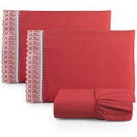 Jogo Cama Lençol Paris King Percal 180 Fios 100% Algodão Lese Bordada 3 Peças - Vermelho - 1