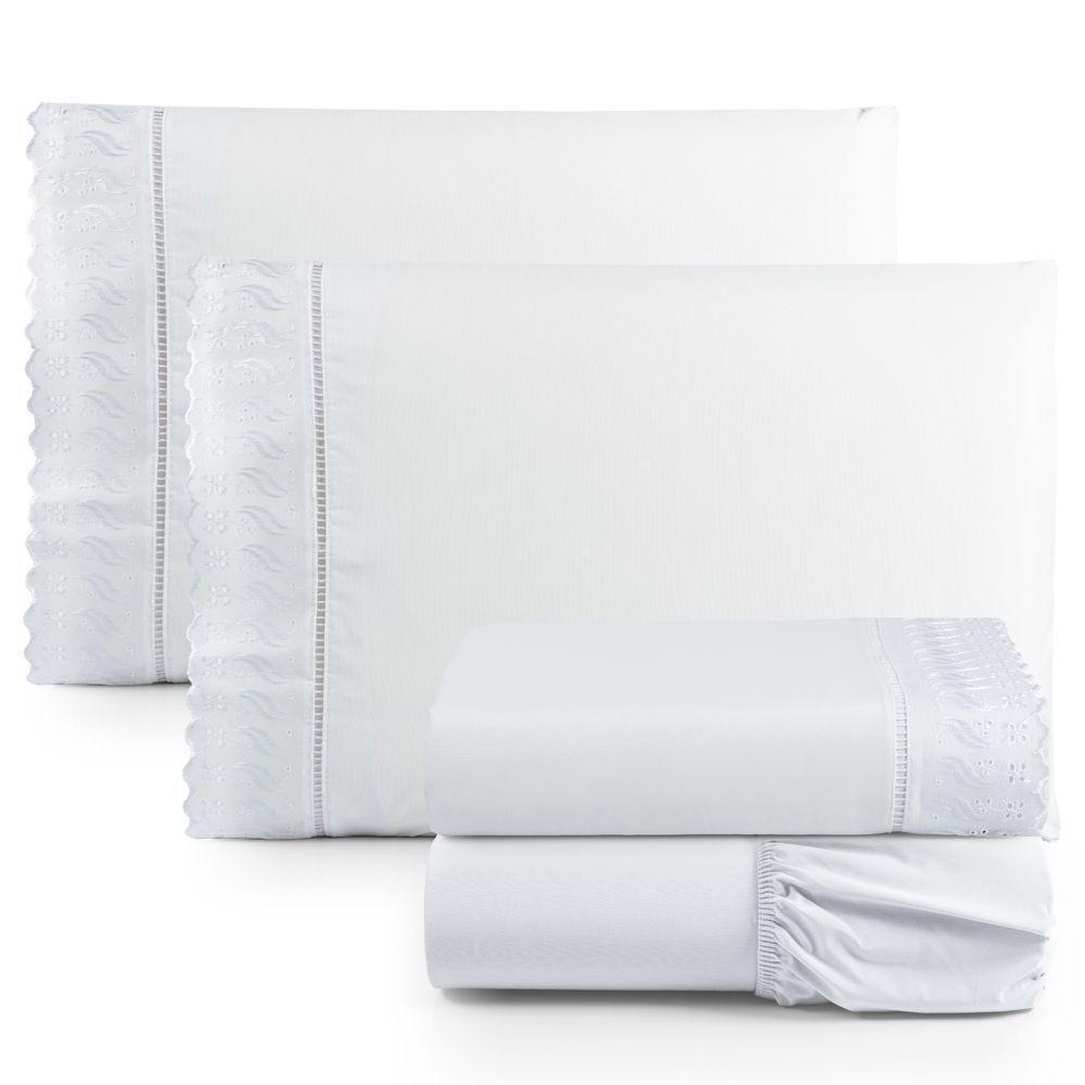 Jogo Cama Lençol Paris Queen Percal 180 Fios 100% Algodão Lese Bordada 4 Peças - Branco - 1