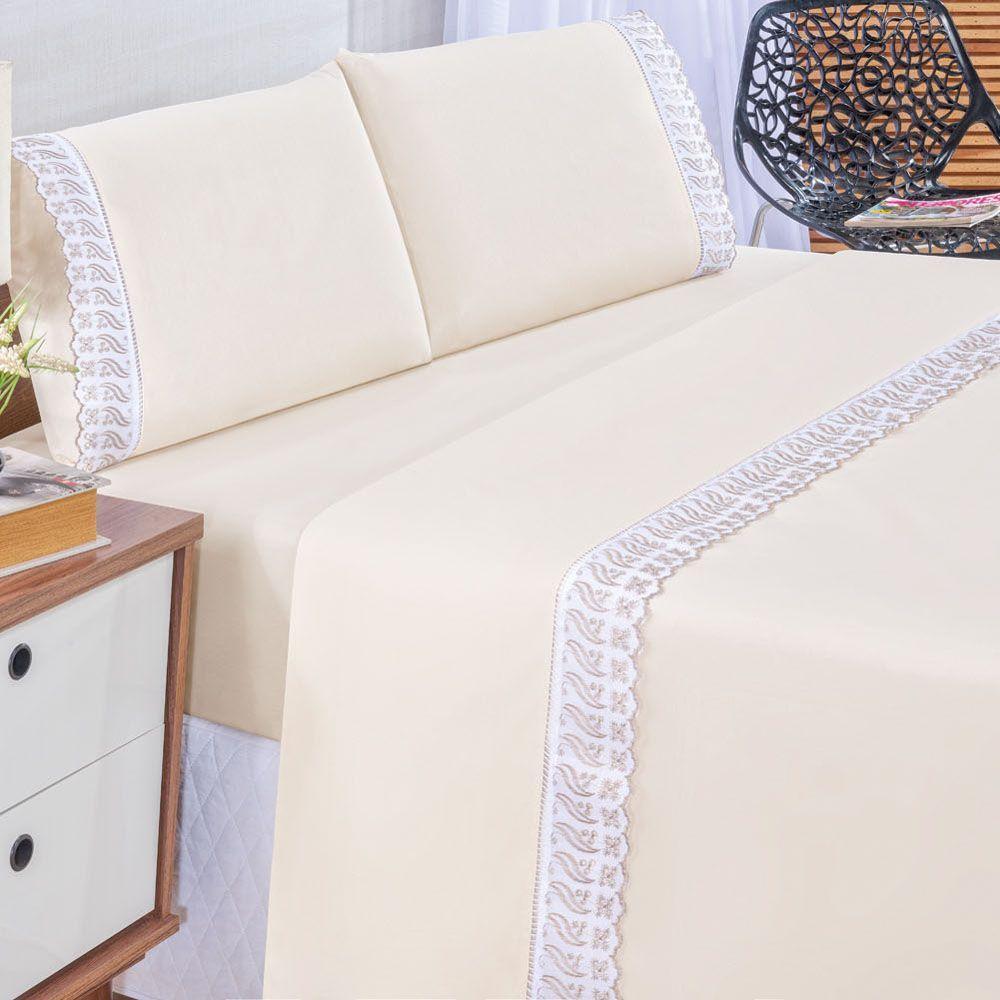 Jogo Cama Lençol Paris Queen Percal 180 Fios 100% Algodão Lese Bordada 4 Peças - Palha - 5