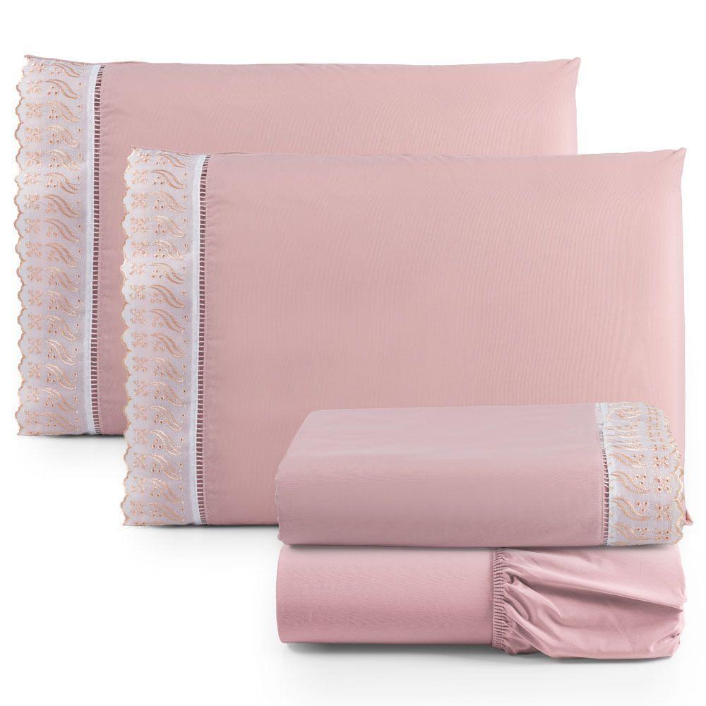 Jogo Cama Lençol Paris Queen Percal 180 Fios 100% Algodão Lese Bordada 4 Peças - Rosê - 1