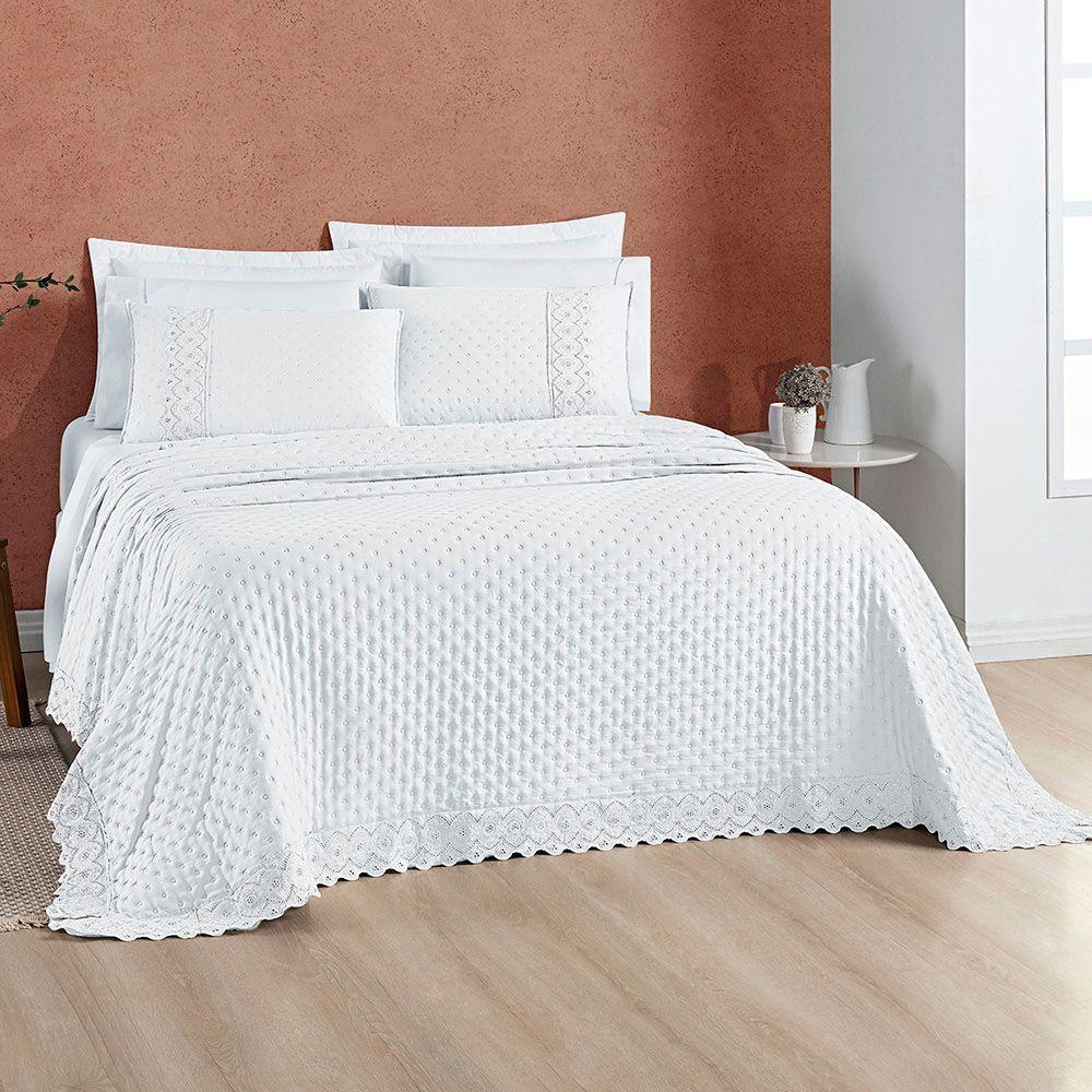 Kit Cobre Leito Colcha Bouclê King Laise Bordada Micropercal 200 Fios 3 Peças - Branco Neve - 3