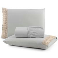 Jogo Cama Lençol Haia Queen Percal 200 Fios 100% Algodão Guipir Bordado Inglês 3 Peças - Cinza - 1