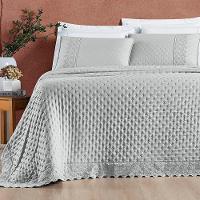 Kit Cobre Leito Colcha Bouclê Casal Padrão Laise Bordada Micropercal 200 Fios 3 Peças - Cinza Geada - 1