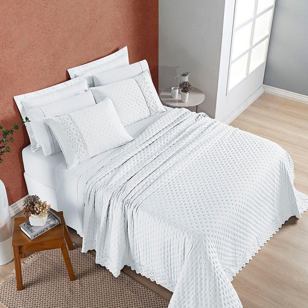 Kit Cobre Leito Colcha Bouclê Casal Padrão Laise Bordada Micropercal 200 Fios 3 Peças - Branco Neve - 4