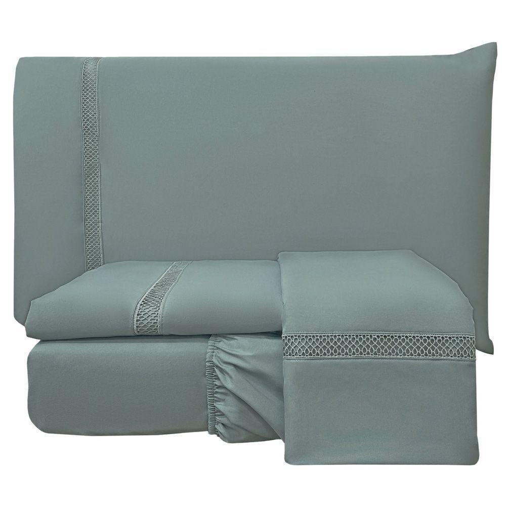 Jogo Cama Lençol Trento Queen Guipir Micro Percal 300 Fios C/ Ponto Infinito 4 Peças - Cinza - 1