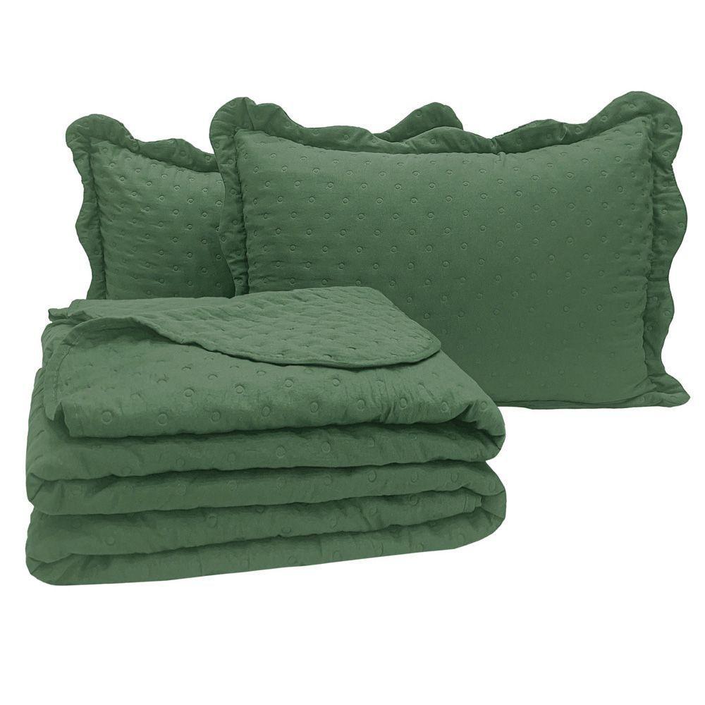 Kit Cobre Leito Colcha Perone Casal Padrão Dupla Face Toque De Pluma Micro Percal 300 Fios 3 Peças - Verde Esmeralda - 1