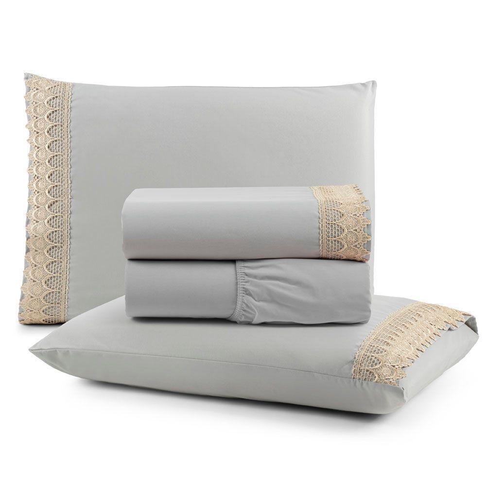 Jogo Cama Lençol Haia Casal Padrão Percal 200 Fios 100% Algodão Guipir Bordado Inglês 4 Peças - Cinza - 1