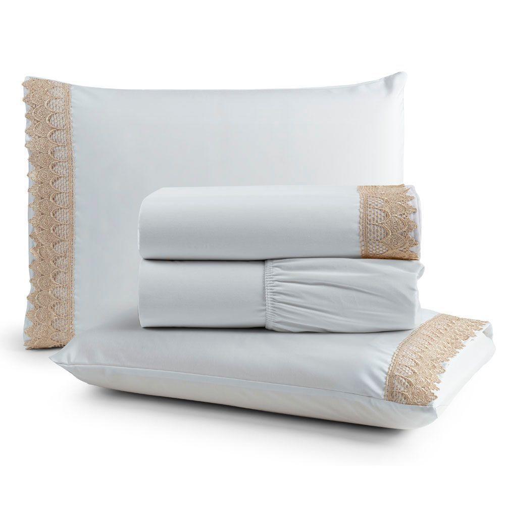 Jogo Cama Lençol Haia Queen Percal 200 Fios 100% Algodão Guipir Bordado Inglês 4 Peças - Branco - 1