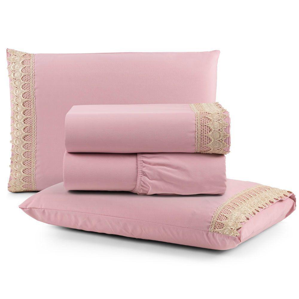 Jogo Cama Lençol Haia Queen Percal 200 Fios 100% Algodão Guipir Bordado Inglês 4 Peças - Rosê - 1