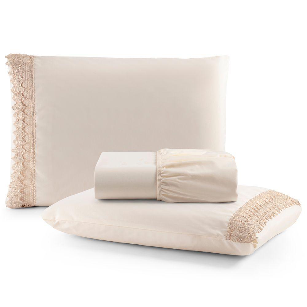 Jogo Cama Lençol Haia Queen Percal 200 Fios 100% Algodão Guipir Bordado Inglês 3 Peças - Palha - 1