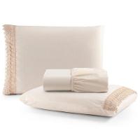 Jogo Cama Lençol Haia Queen Percal 200 Fios 100% Algodão Guipir Bordado Inglês 3 Peças - Palha - 1