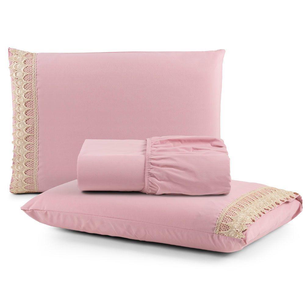 Jogo Cama Lençol Haia Casal Padrão Percal 200 Fios 100% Algodão Guipir Bordado Inglês 3 Peças - Rosê - 1