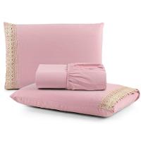 Jogo Cama Lençol Haia Casal Padrão Percal 200 Fios 100% Algodão Guipir Bordado Inglês 3 Peças - Rosê - 1