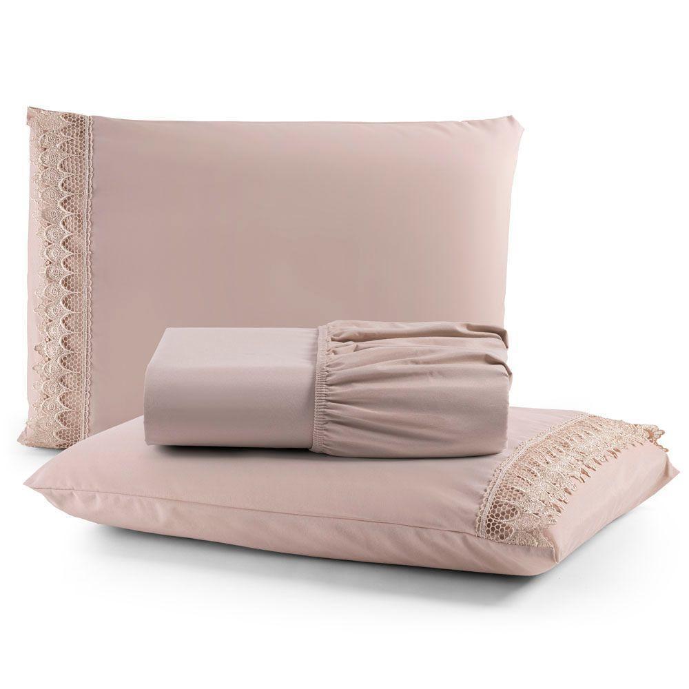 Jogo Cama Lençol Haia King Percal 200 Fios 100% Algodão Guipir Bordado Inglês 3 Peças - Avelã - 1