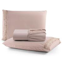 Jogo Cama Lençol Haia King Percal 200 Fios 100% Algodão Guipir Bordado Inglês 3 Peças - Avelã - 1