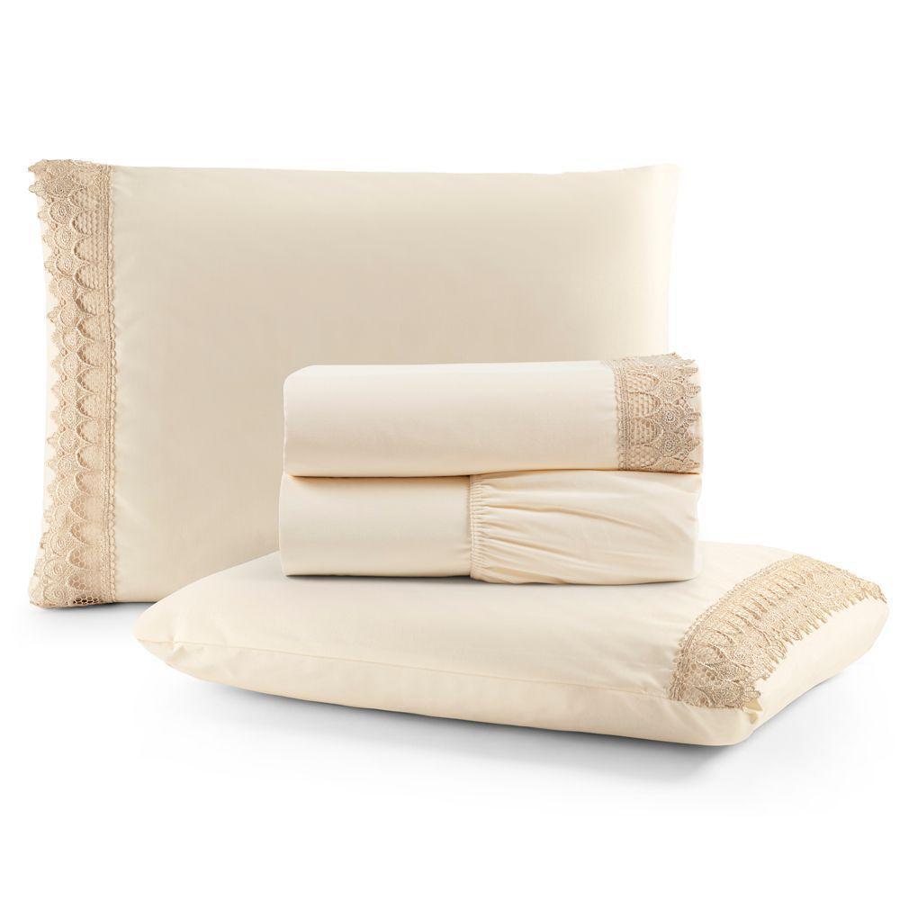 Jogo Cama Lençol Haia King Percal 200 Fios 100% Algodão Guipir Bordado Inglês 4 Peças - Palha - 1