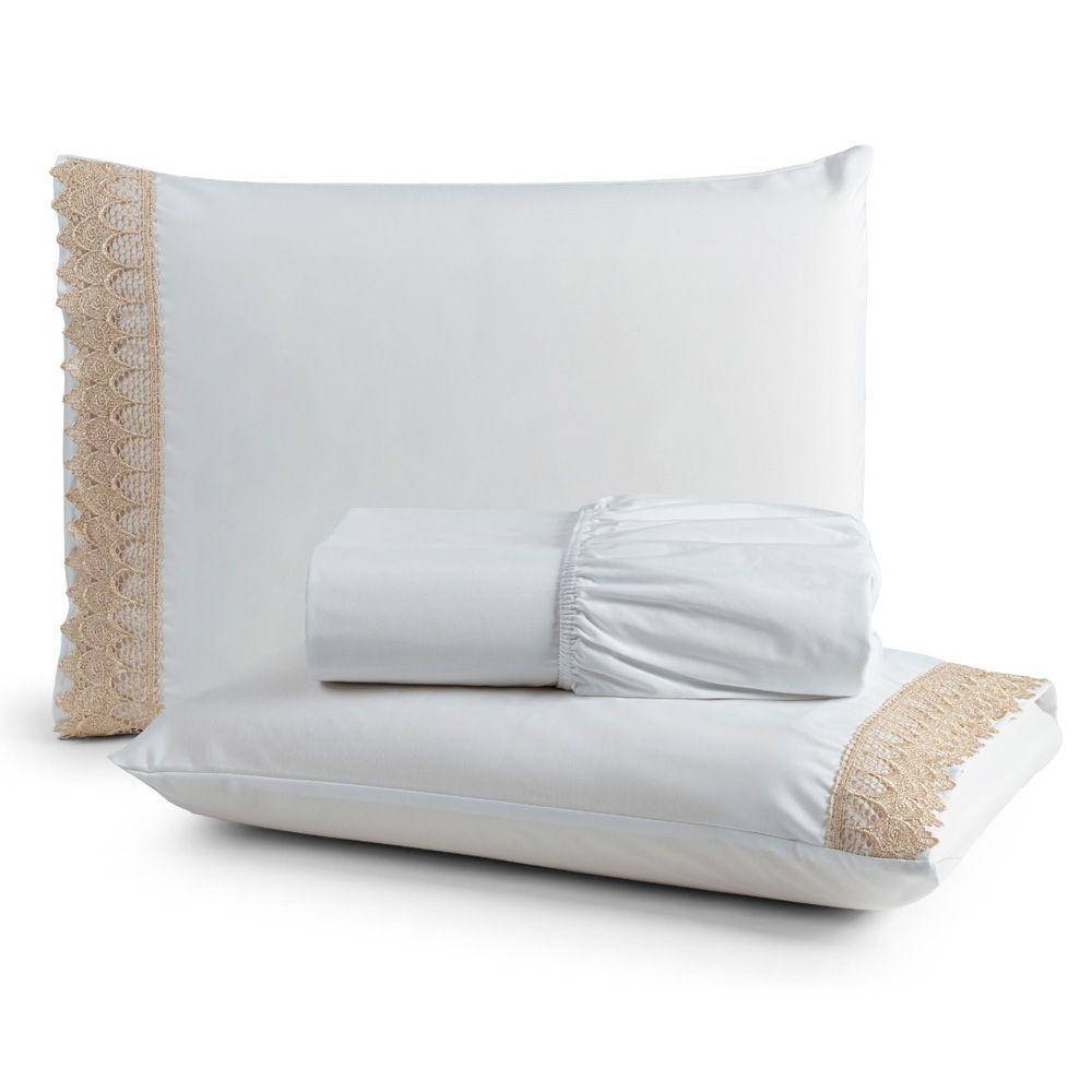 Jogo Cama Lençol Haia Casal Padrão Percal 200 Fios 100% Algodão Guipir Bordado Inglês 3 Peças - Branco - 1